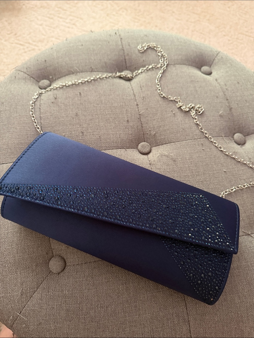 Women's Navy Crystal-Embellished Evening Clutch with Chain